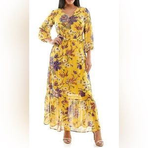 NEW Nina Leonard Women's Chiffon Printed Maxi Dress M Lemon